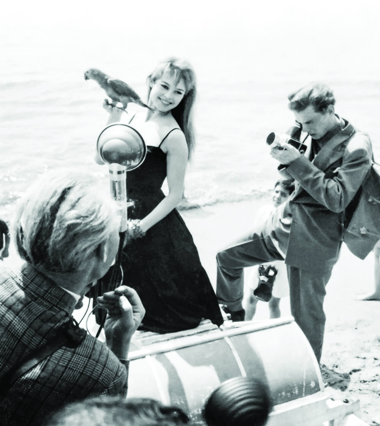 L’actrice française Brigitte Bardot pose avec un perroquet sur la plage en marge du festival de Cannes, le 25 avril 1956.