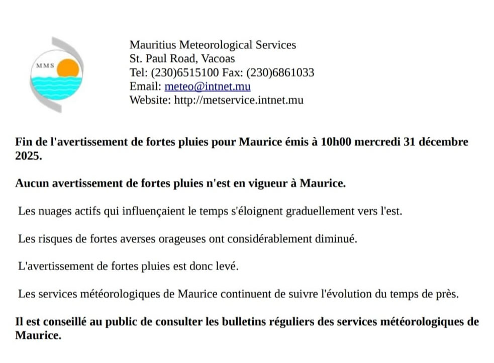 Météo : aucun avertissement de fortes pluies n'est en vigueur à Maurice