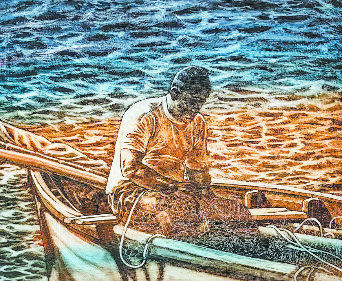 Pêcheur aux filets dans sa barque, de Pascal Lagesse (2000).