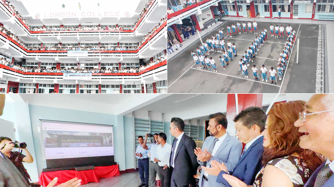 Les élèves, réunis pour célébrer les 60 ans de l’établissement, assistant aux discours des invités et au spectacle. Des élèves alignés pour former le chiffre 60 pour honorer le jubilé de diamant de leur collège. Lancement du site Web du collège par le lord-maire Aslam Hossenally, en présence du ministre Shakeel Mohamed et du manager et recteur du collège, Terry Chan Lam.