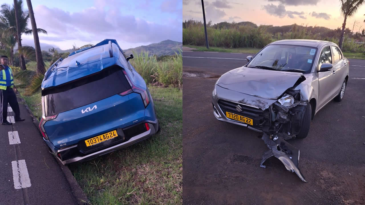 La Kia bleue où se trouvait la victime au moment de l’impact. La Suzuki impliquée dans cet accident mortel.
