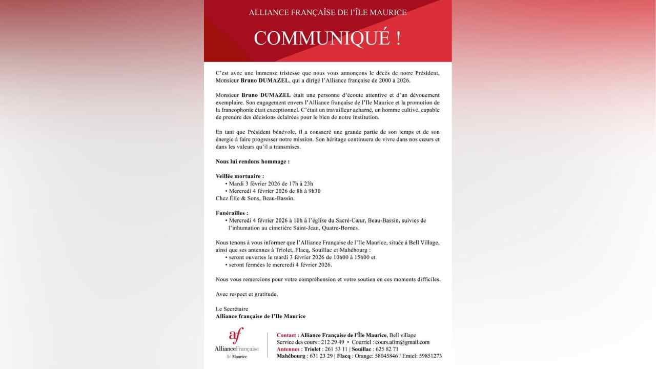 Alliance Française de l’Île Maurice  décès de son président, Bruno Dumazel