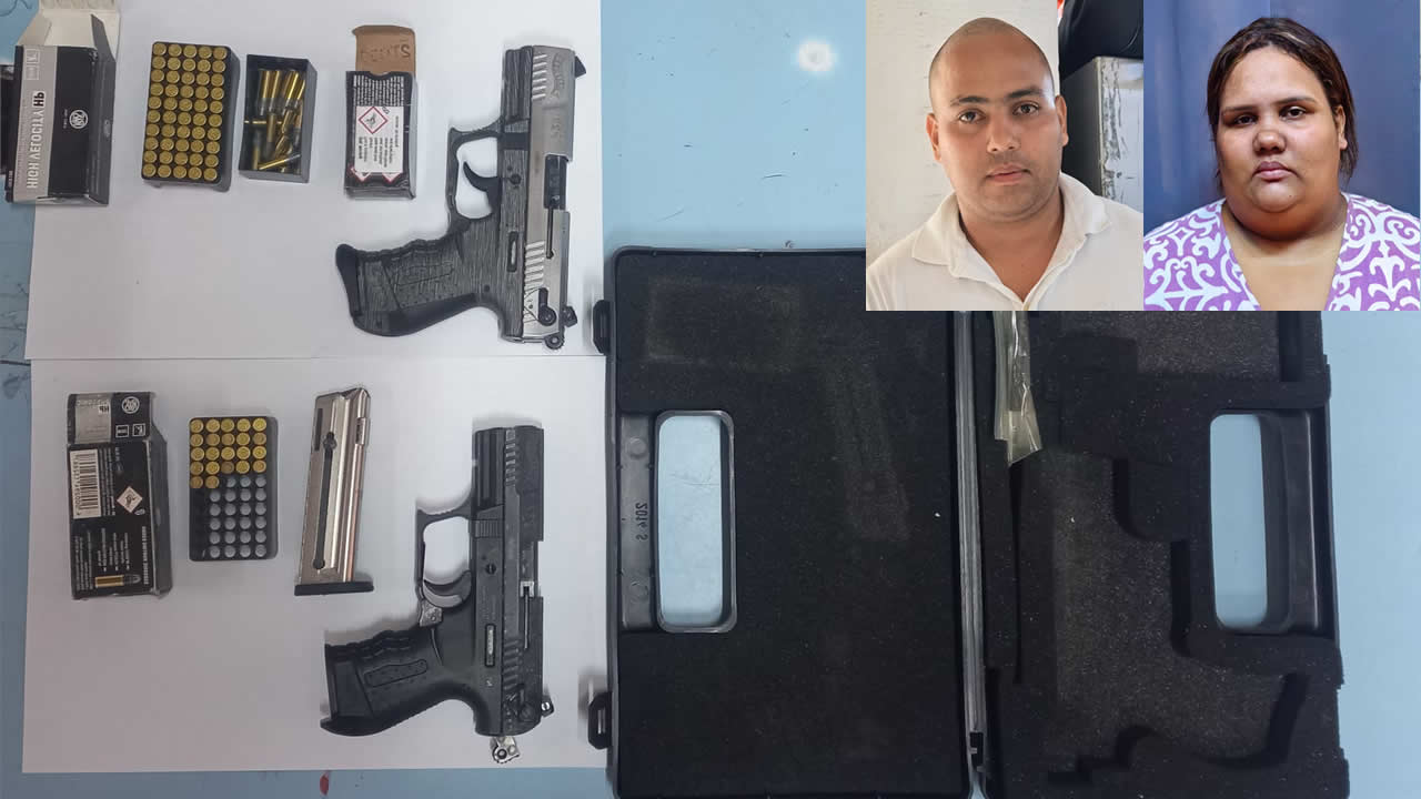 La drogue, les armes et les munitions saisies. Jean Raymond Yohan Legentil et Yoana Suzette Legentil sont en détention.