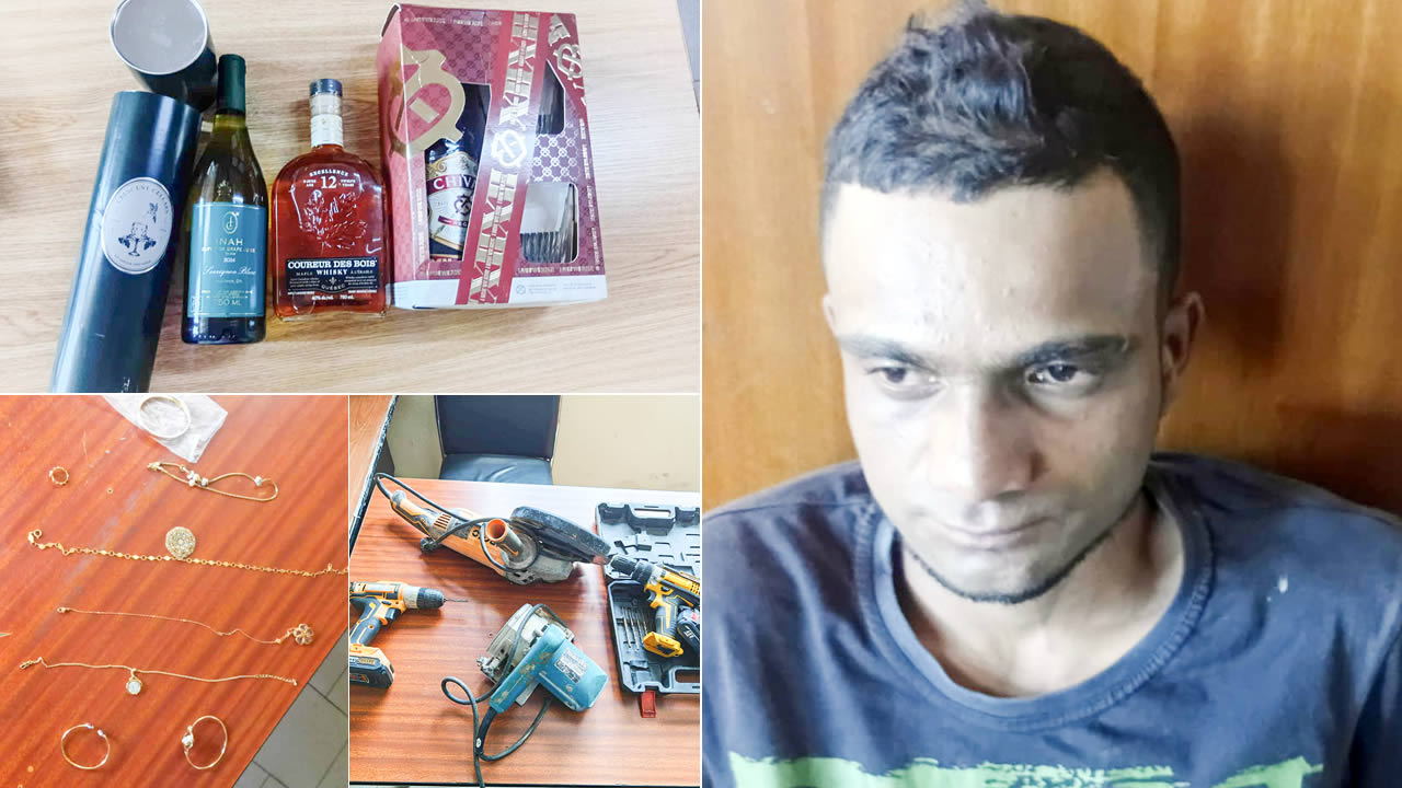 Une partie des objets volés, dont des bijoux, des bouteilles de liqueur et des outils, récupérés par la police. Le suspect Westley Christopher Ladouce a été coffré.