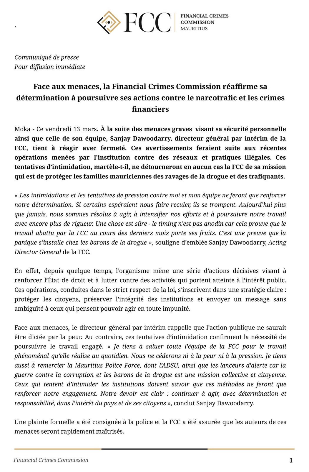 Menaces contre le patron P.I de la FCC - Sanjay Dawoodarry : « Les intimidations et tentatives de pression ne feront que renforcer notre détermination »