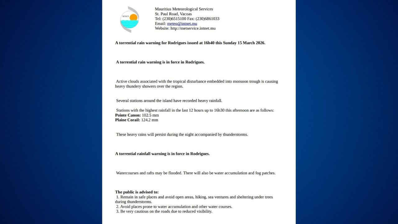 avis pluie torrentielle pour Rodrigues