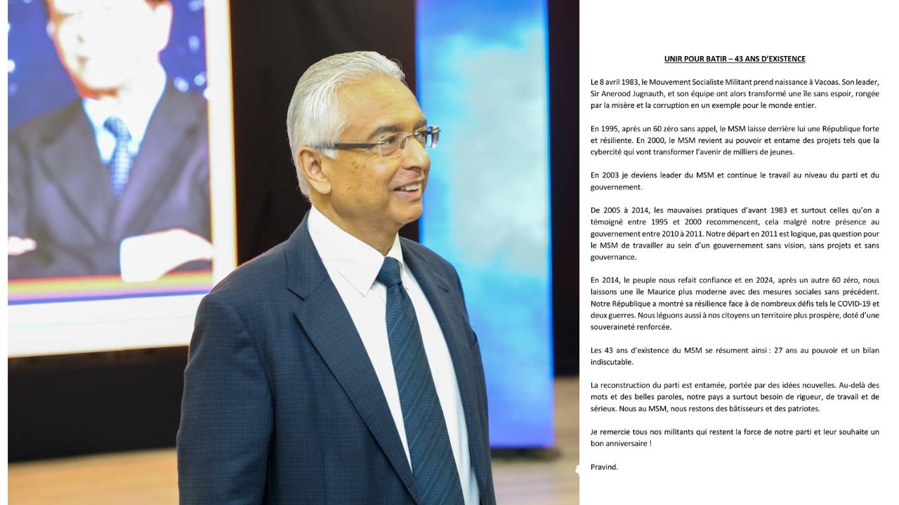 43 ans du MSM  « La reconstruction du parti est entamée, portée par des idées nouvelles », affirme Pravind Jugnauth
