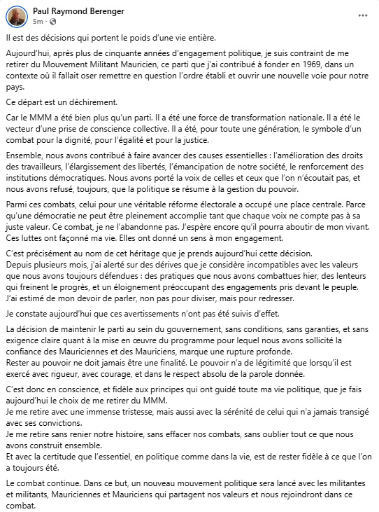 Bérenger après sa démission du MMM : «Ce départ est un déchirement»
