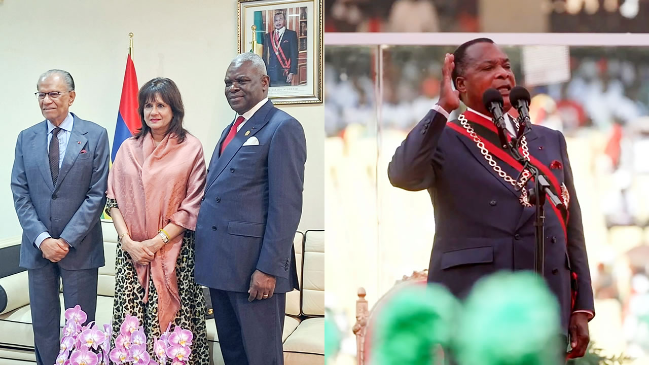 Le couple Ramgoolam en compagnie du Premier ministre congolais, Anatole Collinet Makosso. Le Président Denis Sassou Nguesso prêtant serment au stade de la Concorde de Kintélé. 