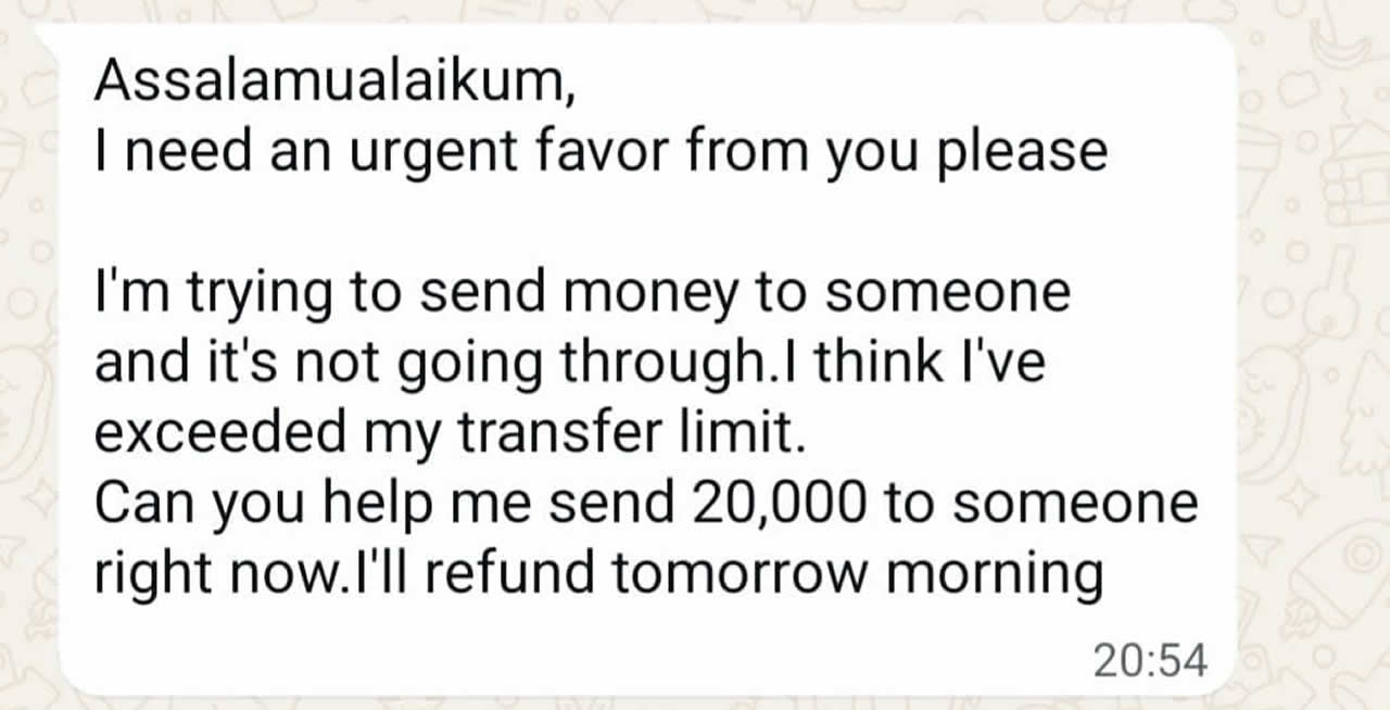 Le message de Whatsapp demandant de l'aide. 