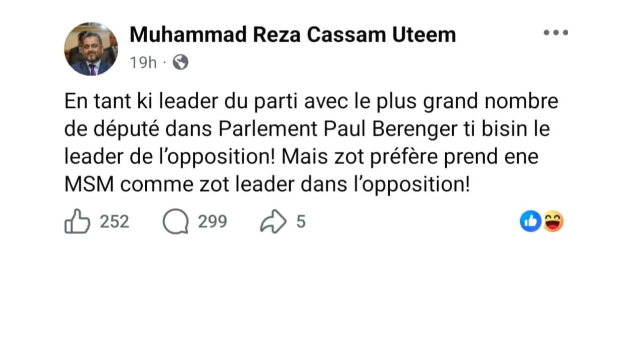 Reza Uteem : « Paul Bérenger ti bizin le leader de l'opposition »