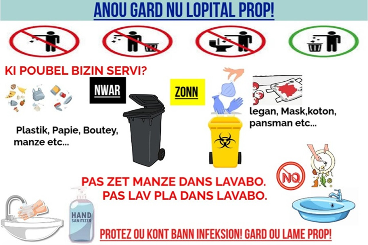 Ces affichettes en anglais et en créole mauricien rappellent aux usagers leur responsabilité dans le maintien de la propreté des établissements de santé publics.