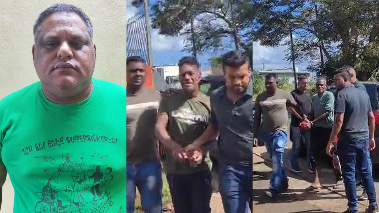 Michel Soobrayen (t-shirt vert) et les autres suspects ont été conduits à la succursale de Bet On Line de Petite-Rivière.