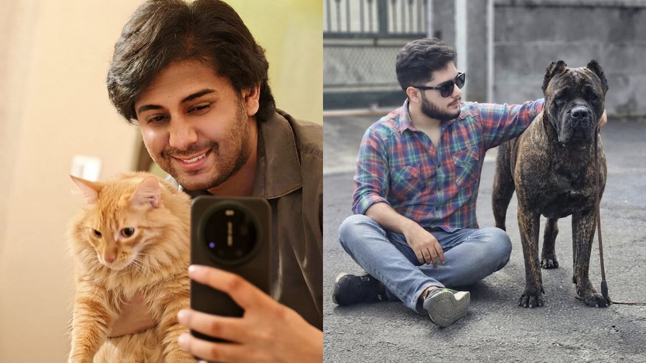 Ishhaak  posant avec son chat Ahān, bientôt 2 ans. Arkos cane corso de 3 ans.