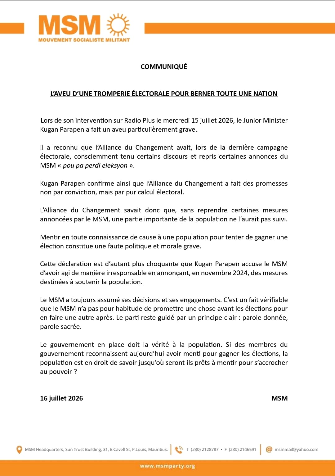 communique MSM 160726