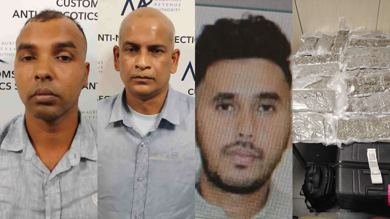 Arvind Roomharshan Padaruth, Dharmadeo Vishal Chotoree et Mandish Cahoolessur. Les enquêteurs ont saisi 62,5 kilos de cannabis dans les bagages de deux voyageurs en provenance d’Angleterre, le 4 juin, à l’aéroport de Plaisance.