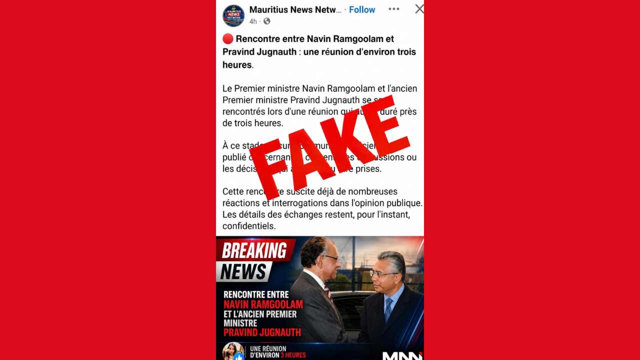 Prétendue rencontre Ramgoolam-Jugnauth : le PMO dénonce une fake news « montée de toutes pièces »