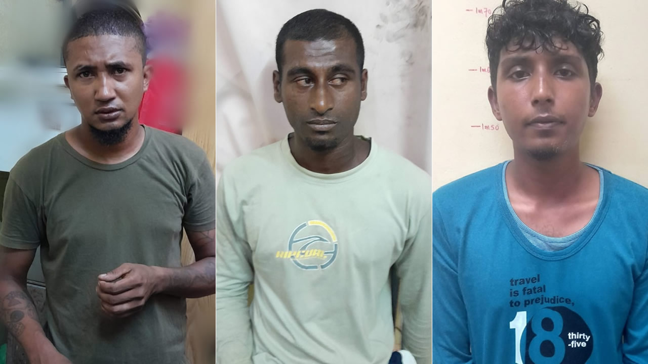 Les trois suspects : Jean-François Govinden, Arassen Mooroogiah et Javed Musafar Modabaccus.