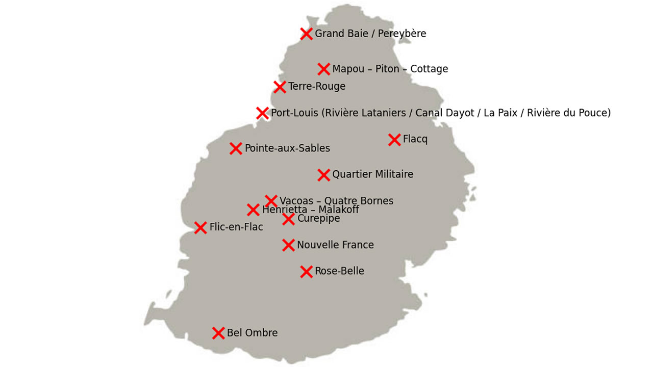 Les 16 zones à haut risque d’inondation identifiées par le Land Drainage Master Plan.
