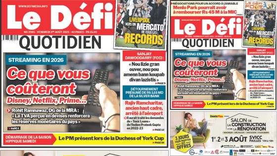 Voici la une du Défi Quotidien de ce Vendredi 01 Août 2025