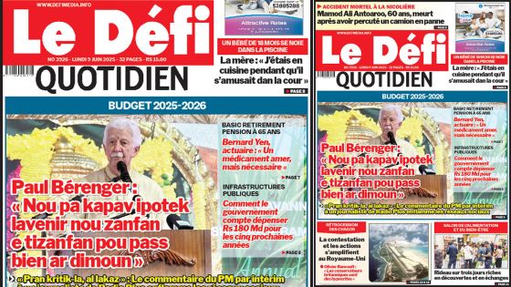 Voici la une du Défi Quotidien de ce Lundi 09 Juin 2025