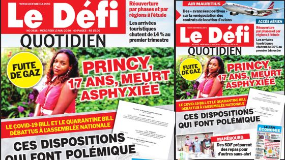 Voici la Une du Defi Quotidien de ce mercredi 13 mai 2020