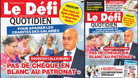 Voici la Une du Defi Quotidien de ce mercredi 20 mai 2020