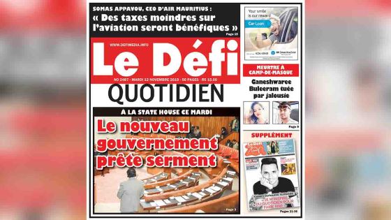 Voici la Une du Defi Quotidien de ce mardi 12 novembre 2019
