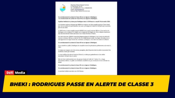 Bheki : Rodrigues passe en alerte de classe 3