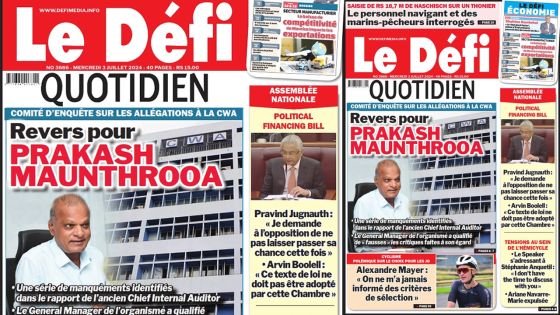 Voici la une du Défi Quotidien de ce Mercredi 03 Juillet 2024