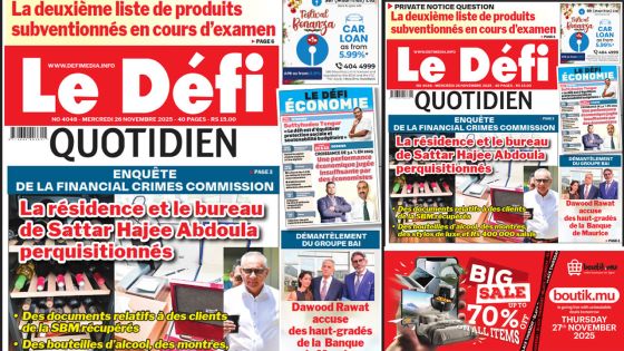 Voici la une du Défi Quotidien de ce Mercredi 26 Novembre 2025