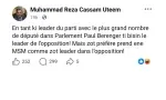 Reza Uteem : « Paul Bérenger ti bizin le leader de l'opposition »