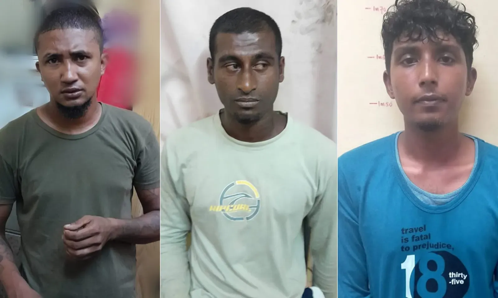 Les trois suspects : Jean-François Govinden, Arassen Mooroogiah et Javed Musafar Modabaccus.