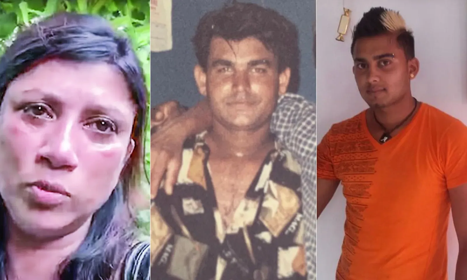 Indira, la mère du suspect, Hiteshwar Domun, la victime et Krishnaveer Domun, le suspect.
