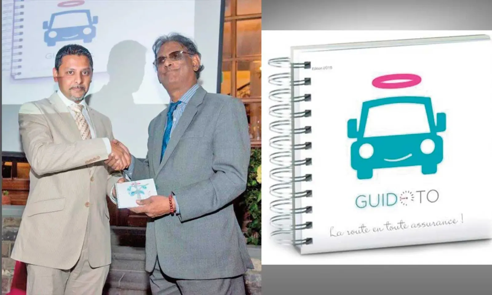 Managing Director of GFA Insurance,  Abdel Ruhomutally offering a copy of the booklet to the Vice President of the Republic  Paramasivum Pillay Vyapoory.