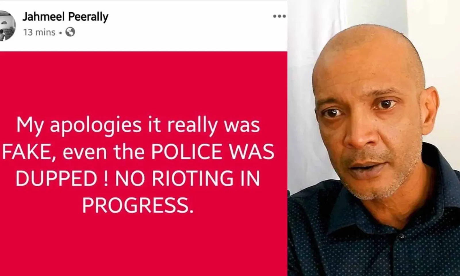 Voici le post publié par Jameel Peerally sur sa page Facebook vers 23 h mardi.