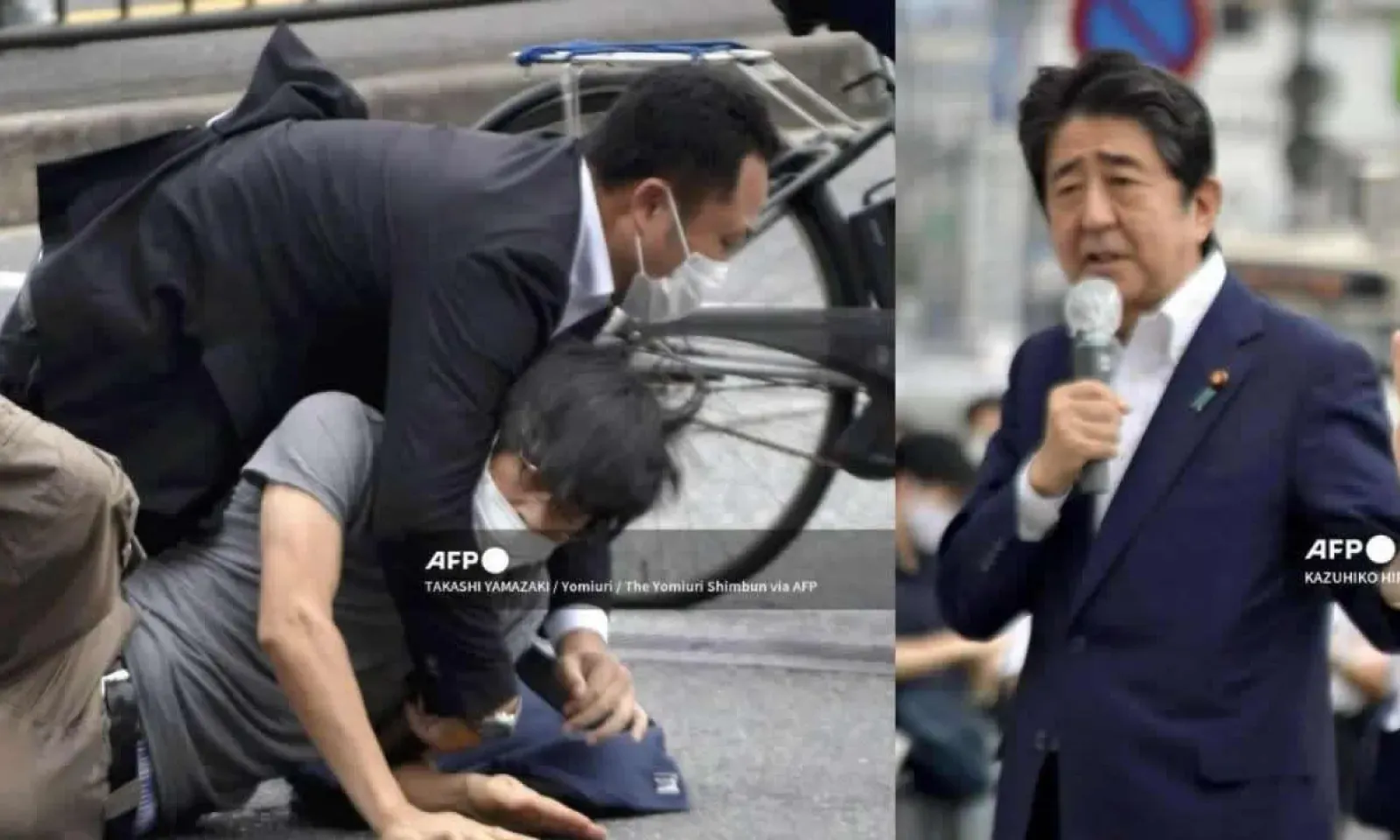 L'ancien Japonais Shinzo Abe lors d’une intervention au nom du candidat de son parti à l'élection de la Chambre des conseillers près de la gare de Yamato Saidaiji, dans la préfecture de Nara, le 8 juillet 2022, quelques secondes avant d'être abattu.  Un suspect a été arrêté 