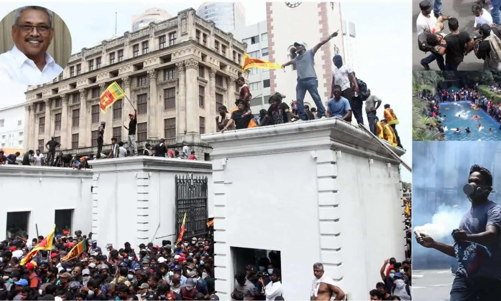 Le président Gotabaya Rajapaksa (en médaillon) a accepté de démissionner la semaine prochaine, après avoir été contraint de fuir sa résidence envahie par des manifestants 