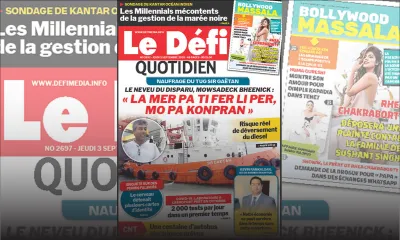 Voici la Une du Defi Quotidien de ce Jeudi 03 Septembre 2020
