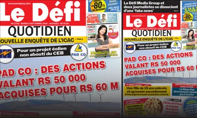 Voici la Une du Defi Quotidien de ce mardi 08 Septembre 2020