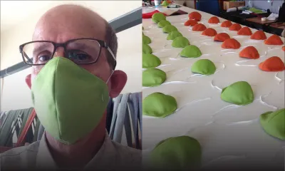 Il fabrique des masques avec du tissu de parasol de plage