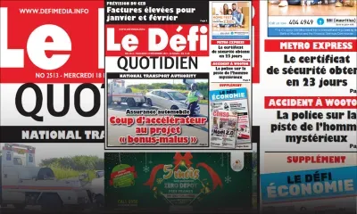 Voici la Une du Defi Quotidien de ce mercredi 18 décembre 2019