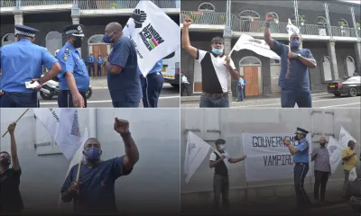 Des membres de Linion Pep Morisien protestent contre la hausse des prix des carburants devant le PMO