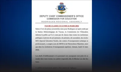 Avis de pluies torrentielles : pas d'école à Rodrigues ce lundi