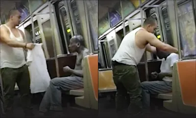 Il offre son t-shirt et un bonnet à un SDF