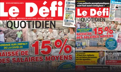 Voici la Une du Defi Quotidien de ce mercredi 26 août 2020