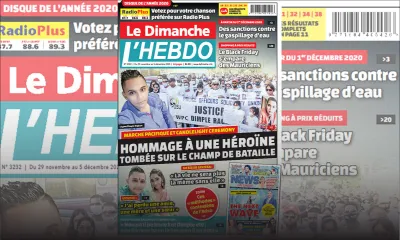 Voici la Une de Le Dimanche/L'Hebdo de ce dimanche 29 Novembre 2020