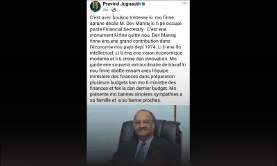 Décès de Dev Manraj : «Un monument nous a quittés», dit Pravind Jugnauth