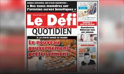 Voici la Une du Defi Quotidien de ce mardi 12 novembre 2019