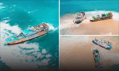 Vue aérienne des bateaux échoués à Bain-des-Dames et Pointe-aux-Sables 